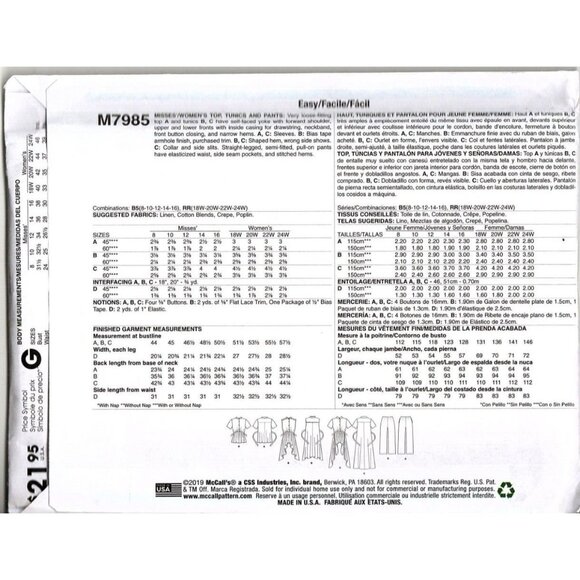 McCall's M7985 Misses 8 to 16 Peplum Tunic, Top and Pants Uncut Sewing Pattern - Picture 2 of 2